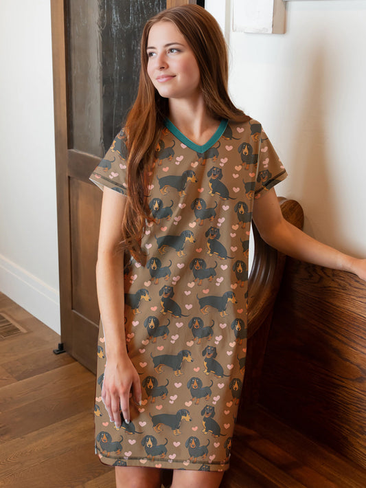 Dachshund V-neck Nightshirt Doxie Love Snuggles
