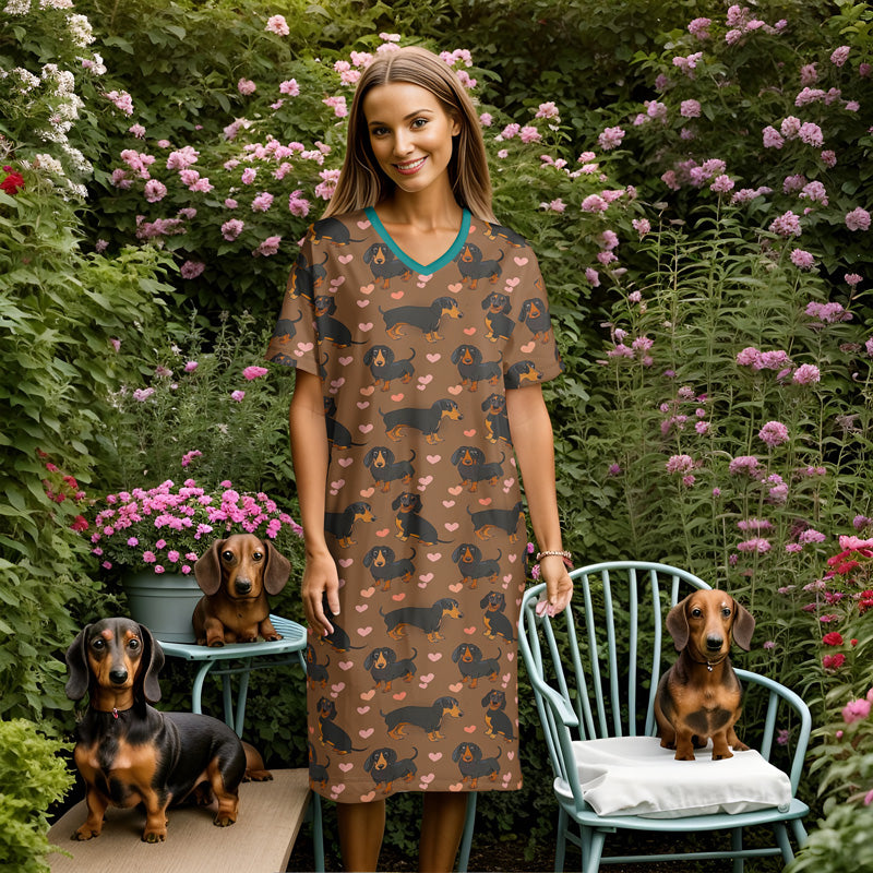 Dachshund V-neck Nightshirt Doxie Love Snuggles