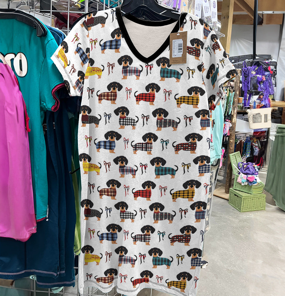 Dachshund V-neck Nightshirt Plaid Pooch