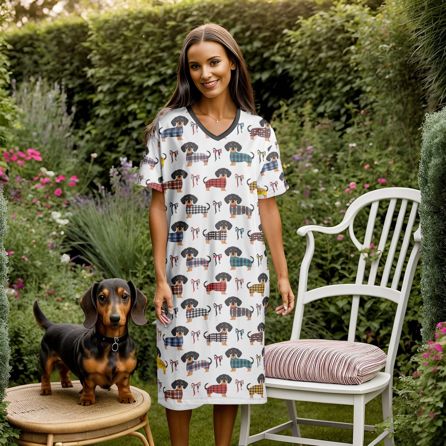 Dachshund V-neck Nightshirt Plaid Pooch