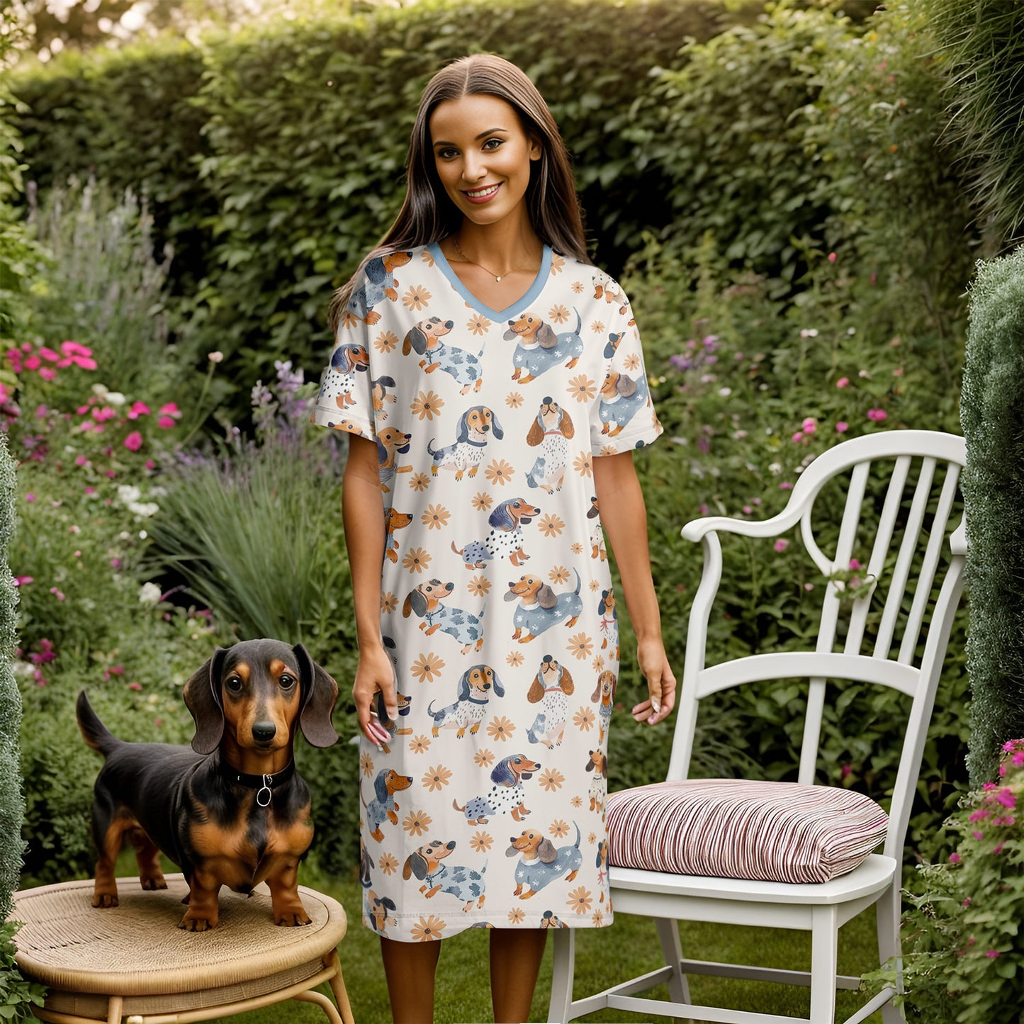 Dachshund V-neck Nightshirt Daisy Doxie