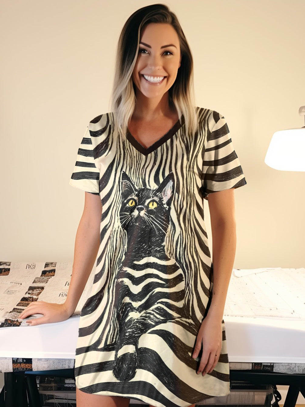 Cat Lover V-neck Nightshirt Dreamy Stripes