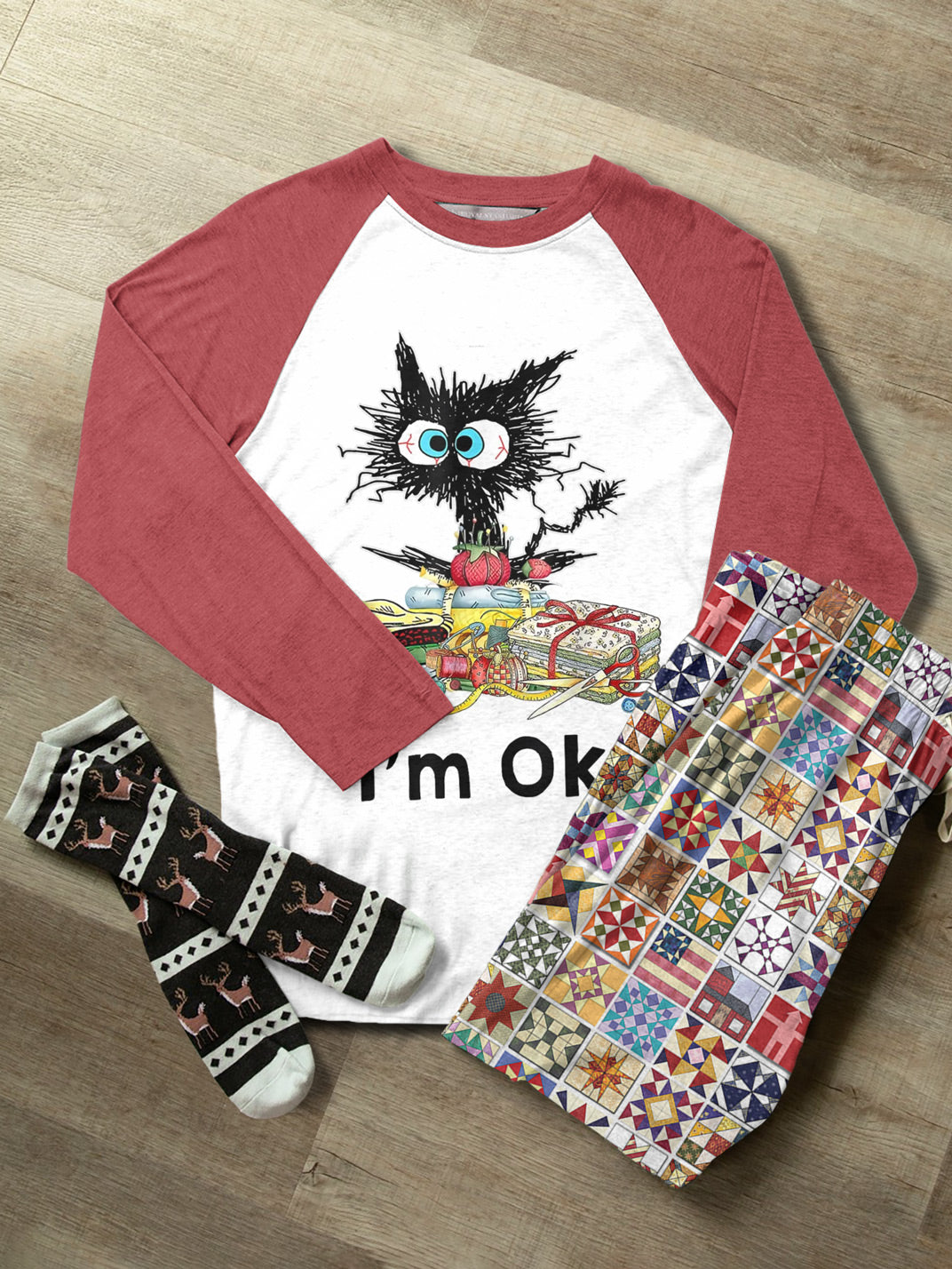 Sewing Lover Raglan Lounge Pajamas Exhausted Cat Quilting I'm OK