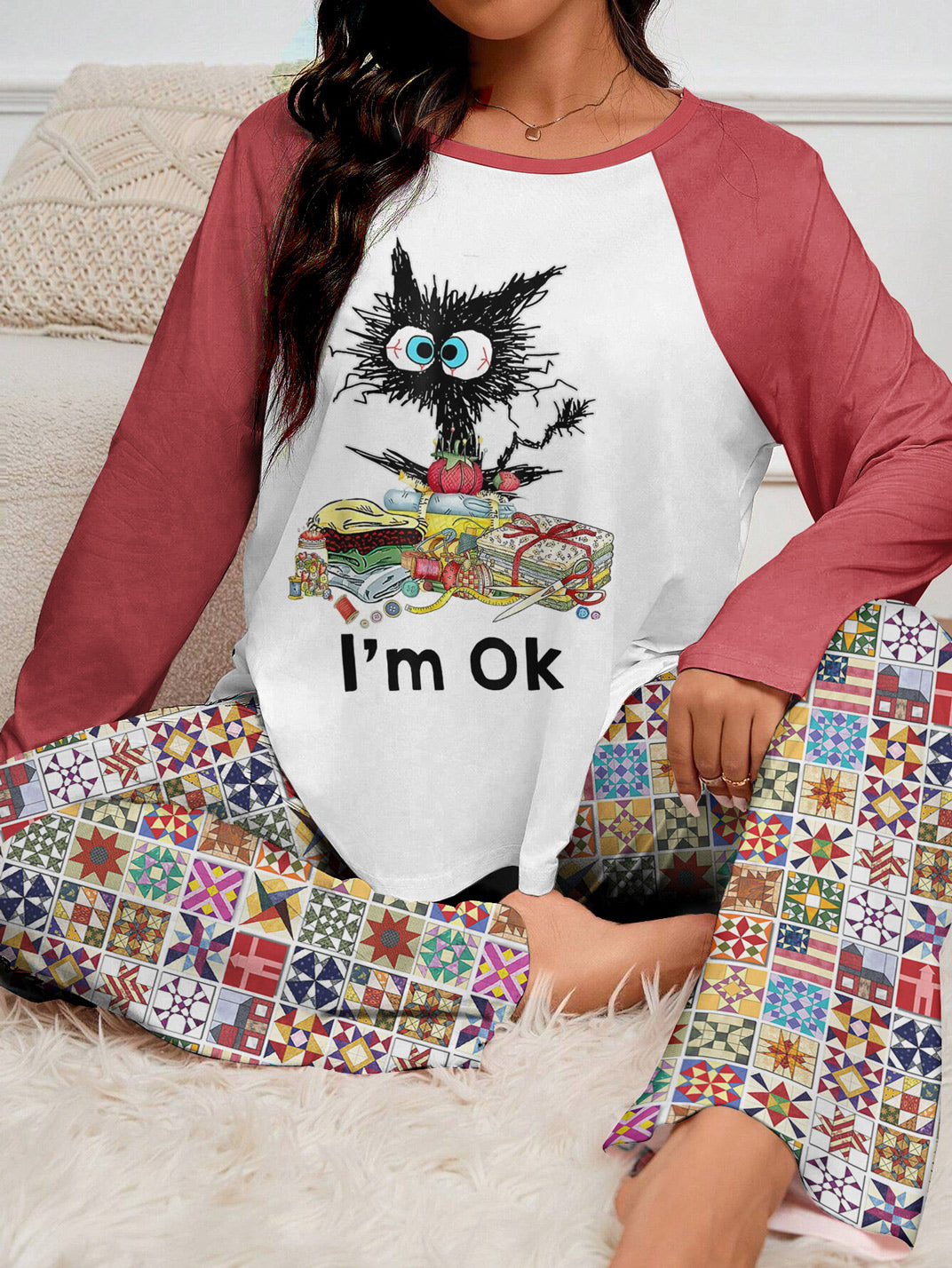 Sewing Lover Raglan Lounge Pajamas Exhausted Cat Quilting I'm OK
