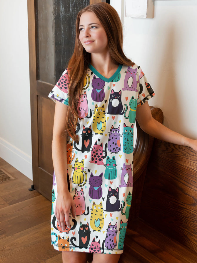 Cat Lover V-neck Nightshirt Feline Fun