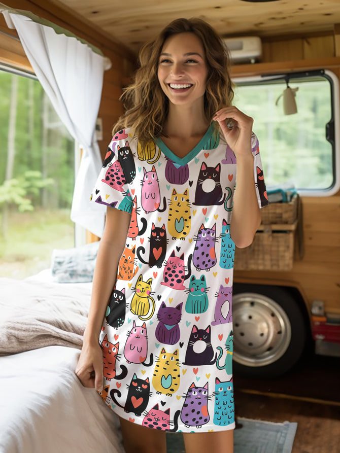 Cat Lover V-neck Nightshirt Feline Fun