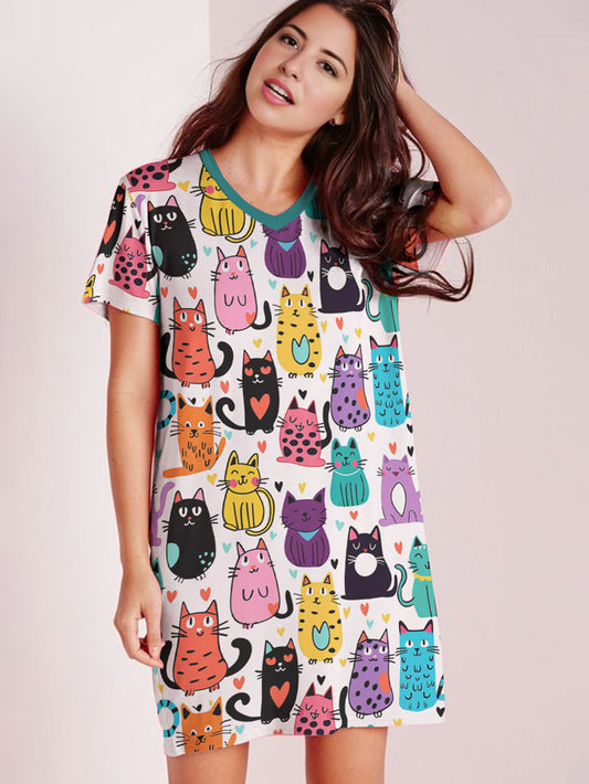 Cat Lover V-neck Nightshirt Feline Fun