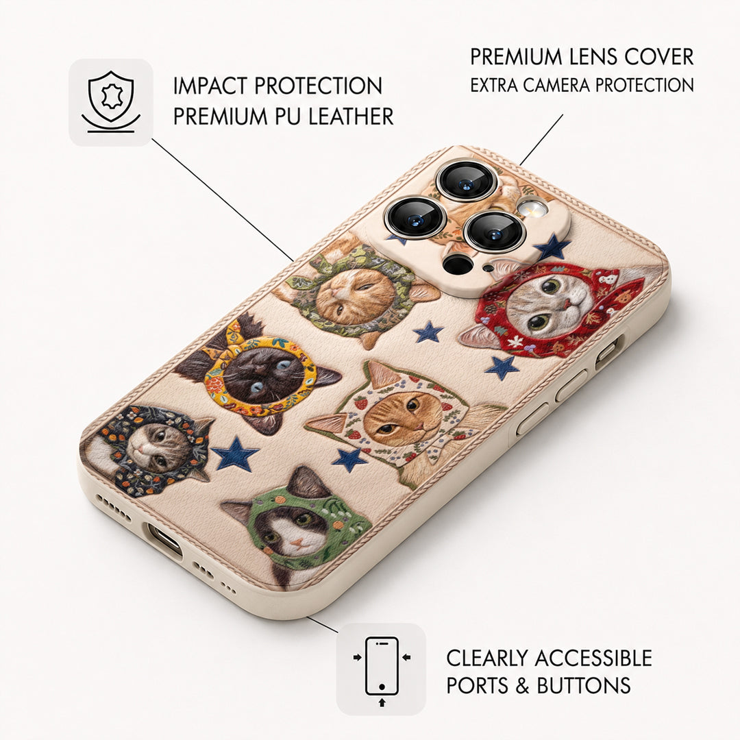 Cat Leather Phone Case Floral Scarf Cats
