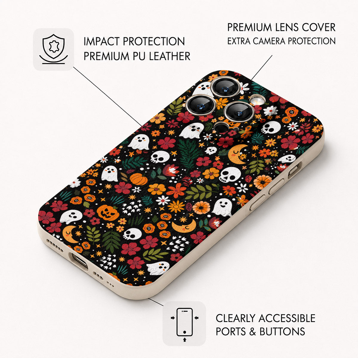 Halloween Leather Phone Case Floral Spooky - Beige