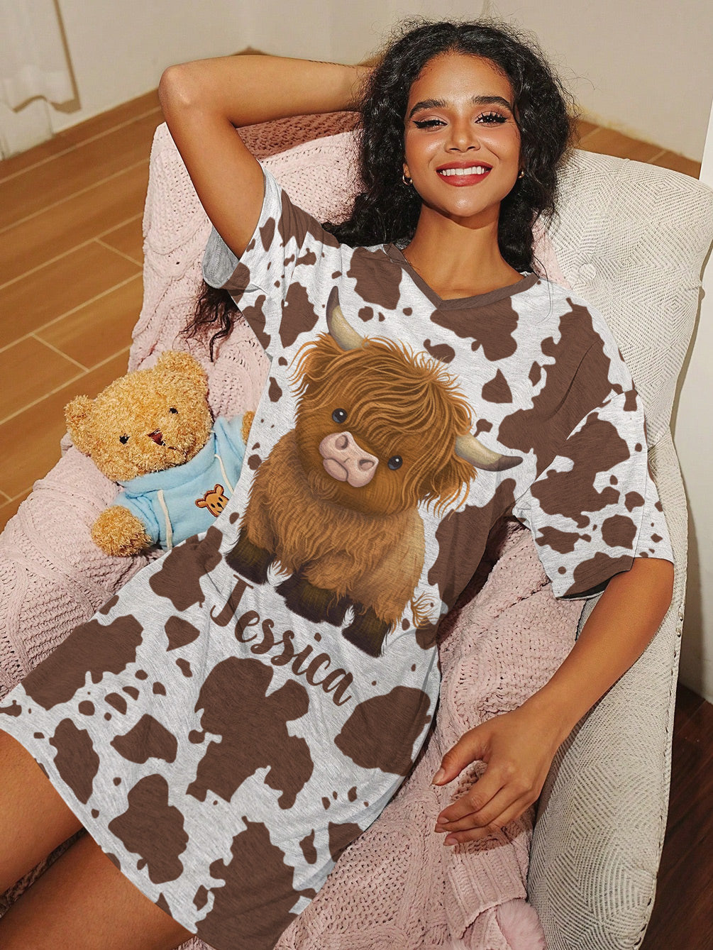 Highland Cow V-neck T-shirt Dress Personalized Fluffy Moo