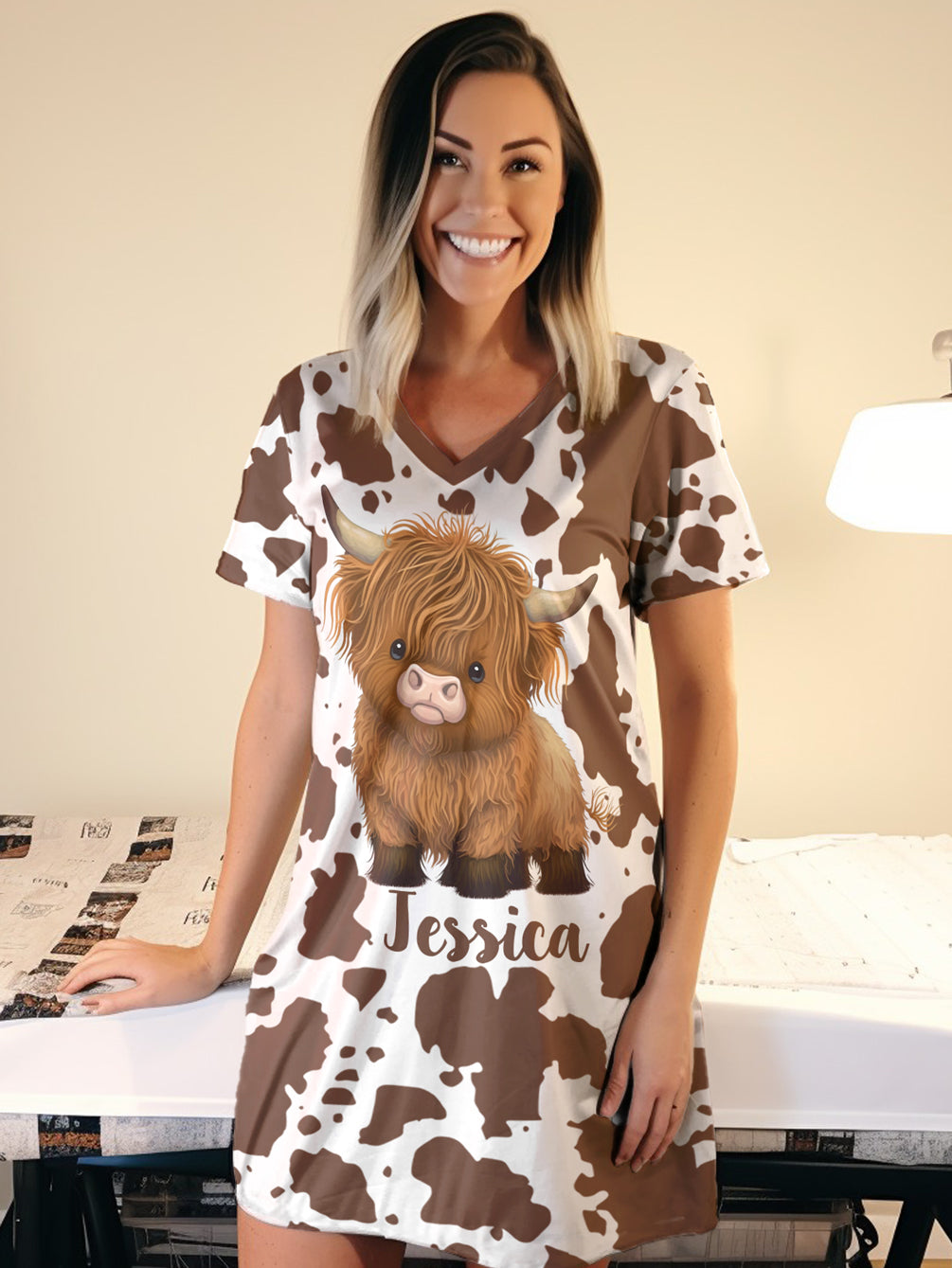 Highland Cow V-neck T-shirt Dress Personalized Fluffy Moo
