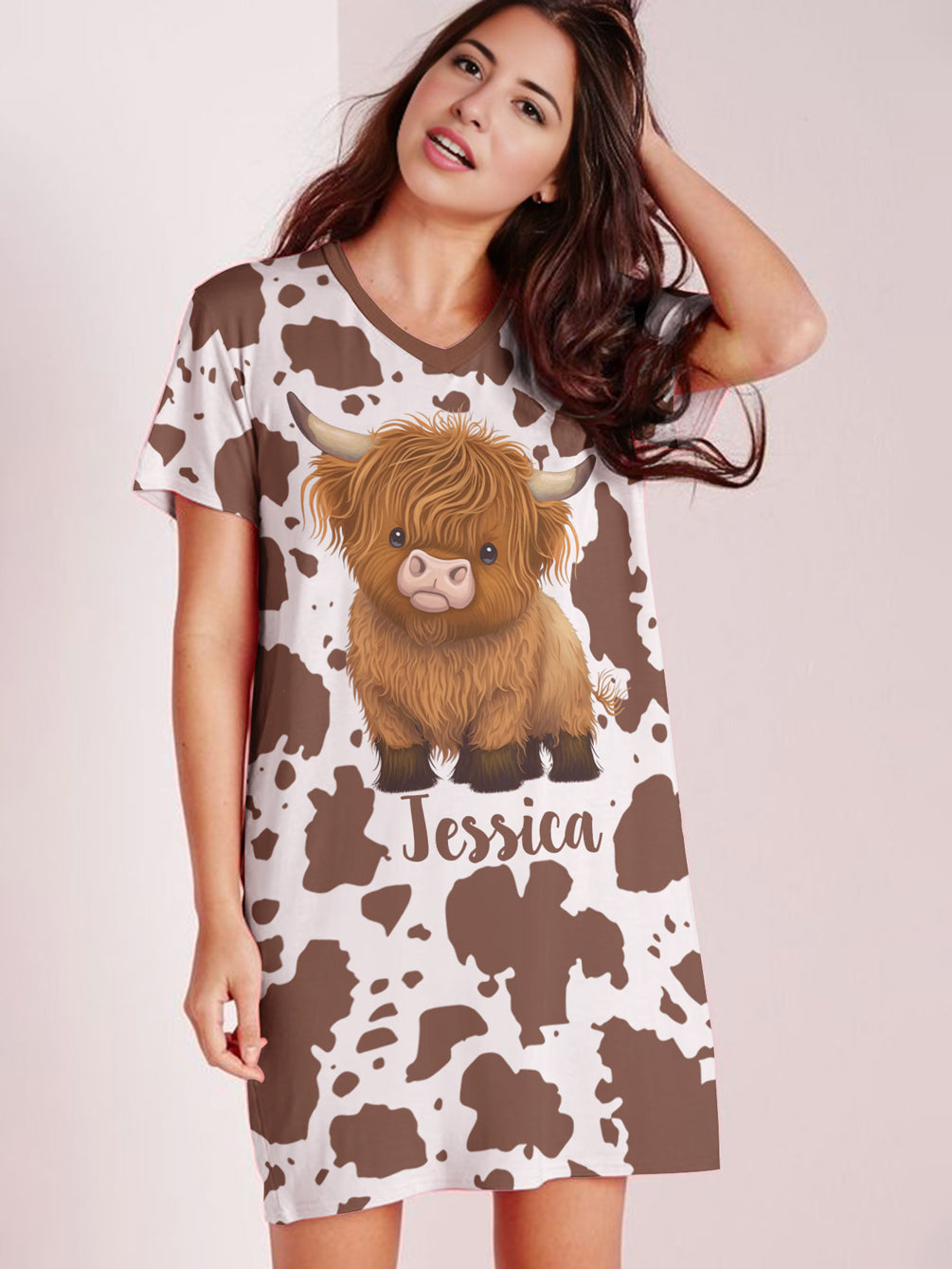 Highland Cow V-neck T-shirt Dress Personalized Fluffy Moo