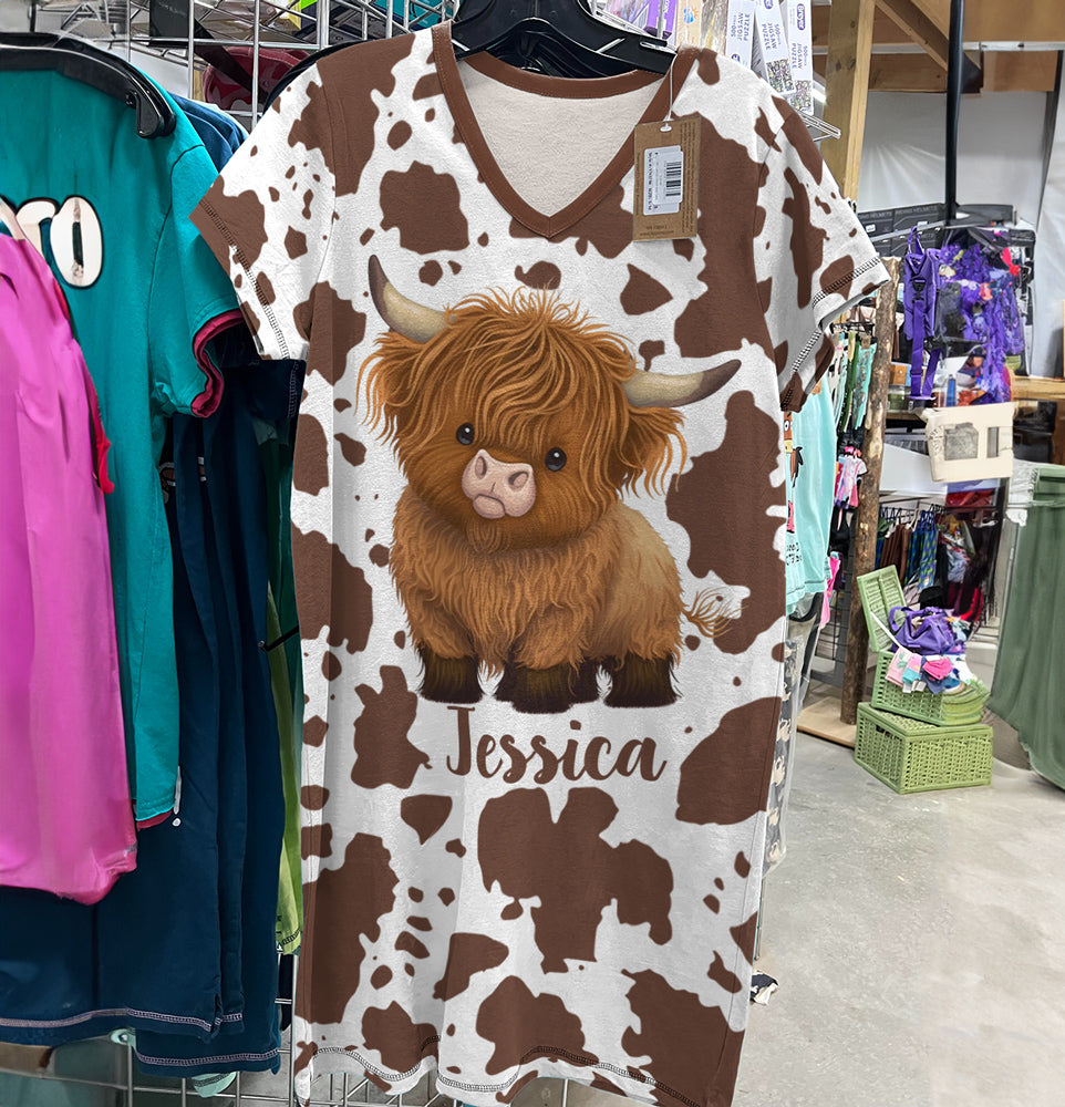 Highland Cow V-neck T-shirt Dress Personalized Fluffy Moo