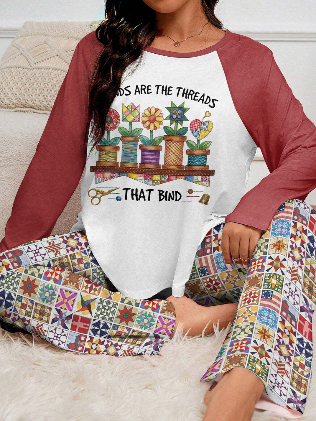 Quilting Lover Raglan Lounge Pajamas Friends Are The Threads That Bind