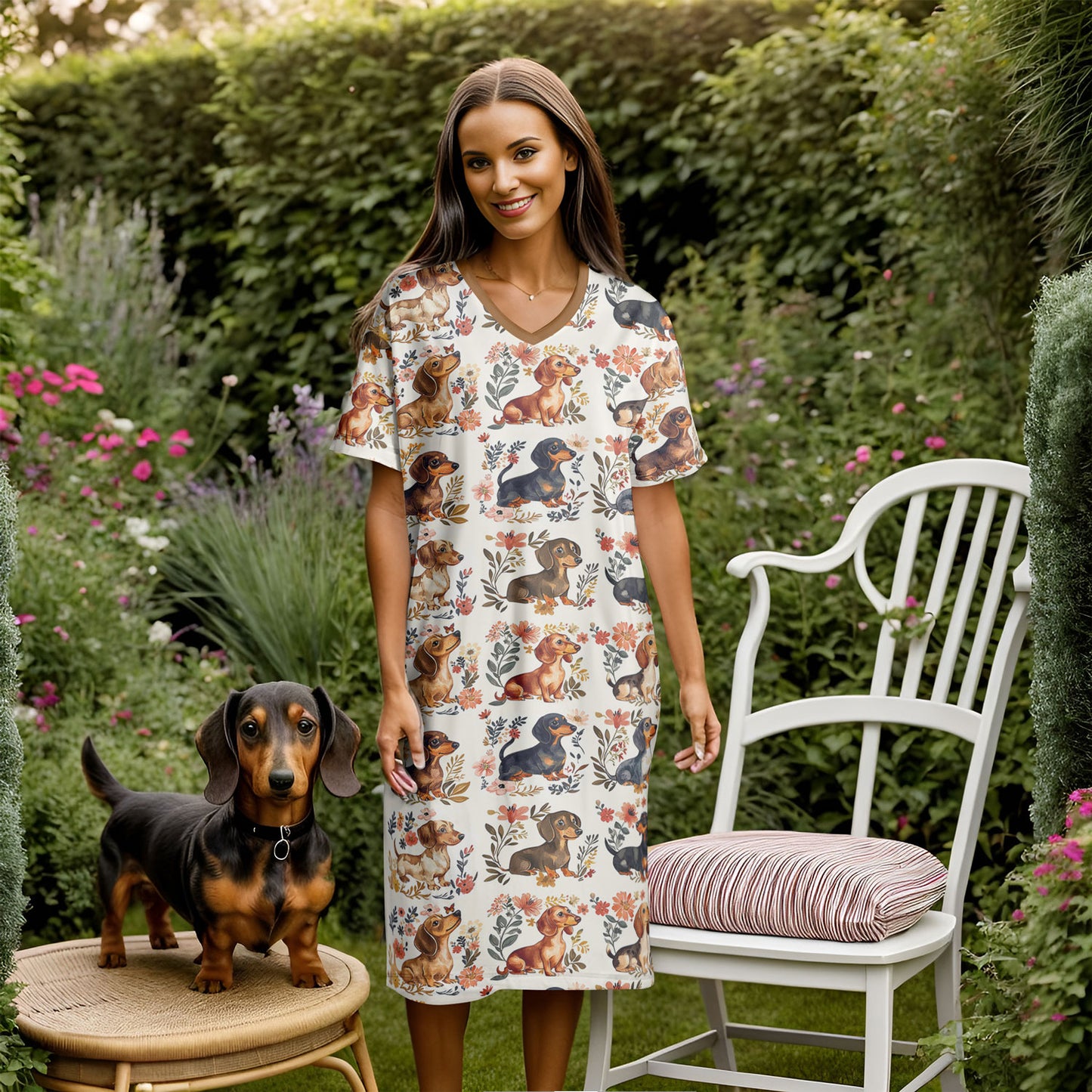 Dachshund V-neck Nightshirt Garden Escape