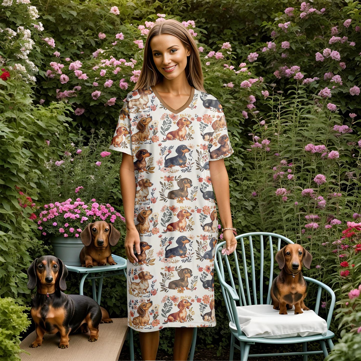 Dachshund V-neck Nightshirt Garden Escape