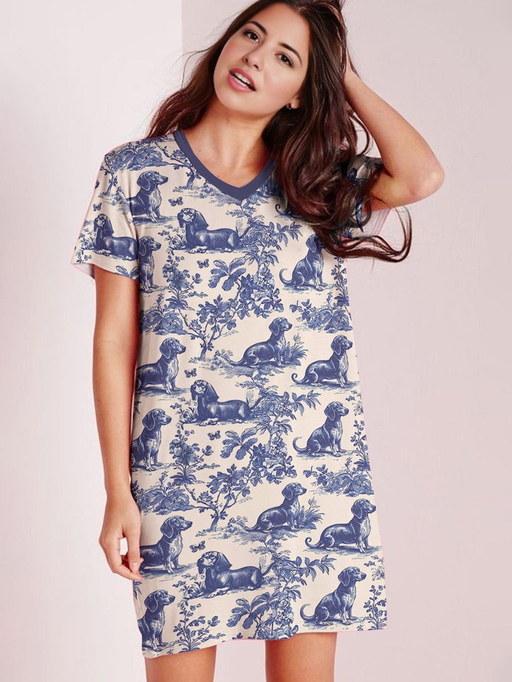 Dachshund V-neck Nightshirt Lazy Day In Garden