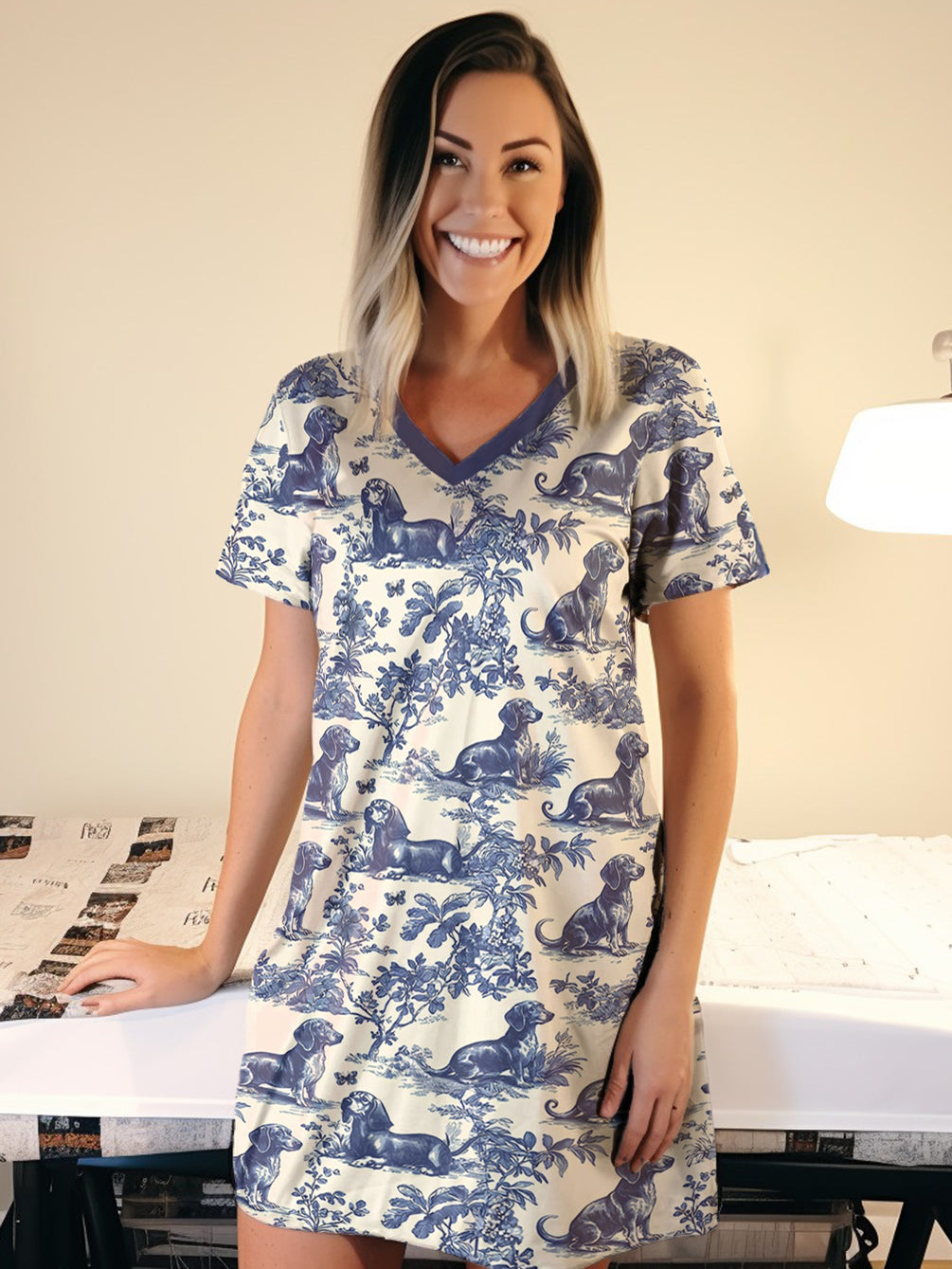 Dachshund V-neck Nightshirt Lazy Day In Garden