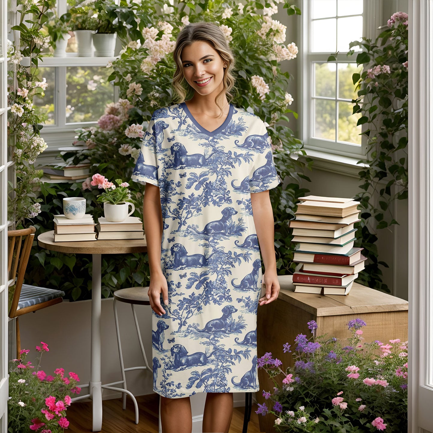 Dachshund V-neck Nightshirt Lazy Day In Garden