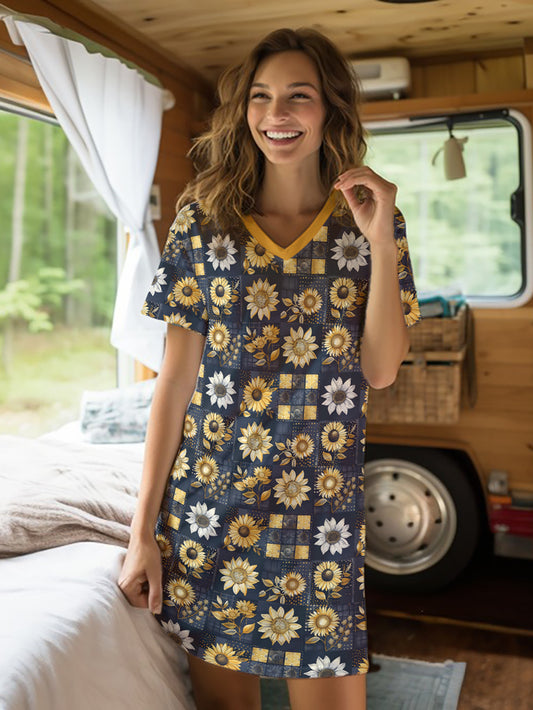 Sunflower V-neck Nightshirt Golden Petals