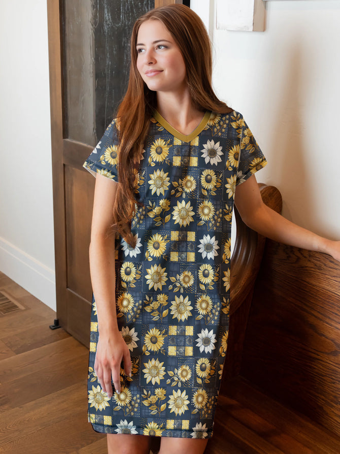 Sunflower V-neck Nightshirt Golden Petals