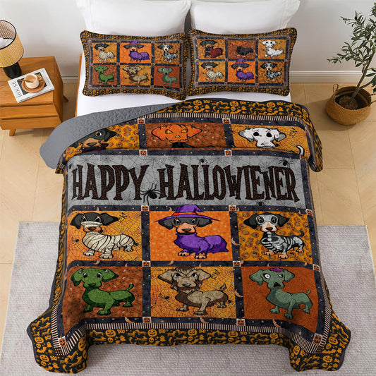 Dachshund All Season Quilt 3-Piece Set Happy Hallowiener Orange Theme