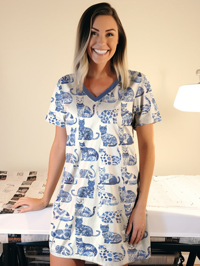 Cat Lover V-neck Nightshirt Harmony In Blue