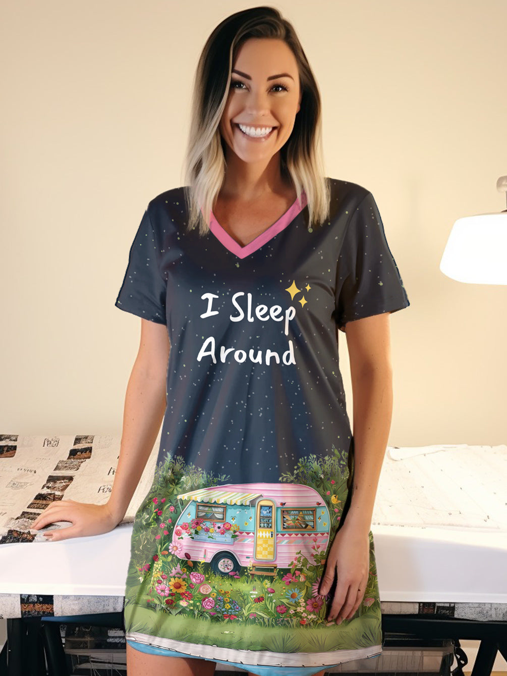 Camping V-neck Nightshirt I Sleep Around