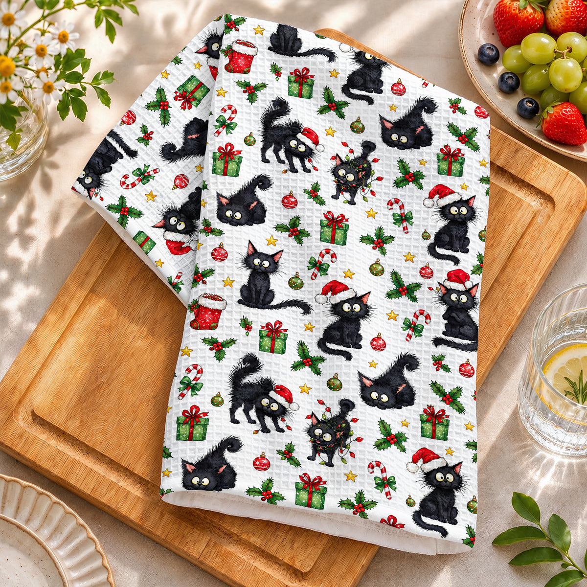 Cat Lover Kitchen Towel Jolly Black Cat Christmas