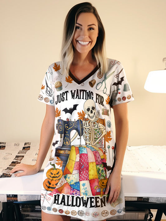 Sewing Lover V-neck Nightshirt Just Waiting For Halloween