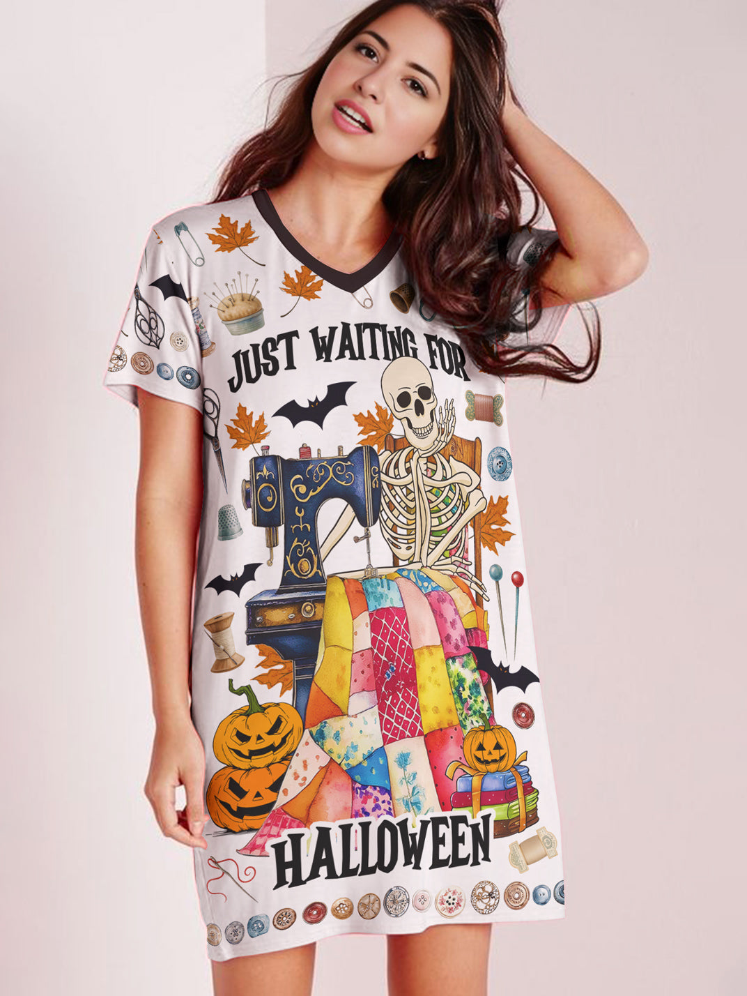Sewing Lover V-neck Nightshirt Just Waiting For Halloween