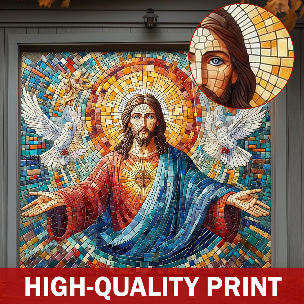 God Garage Door Banner Decoration - Mosaic Style Luminous Mercy