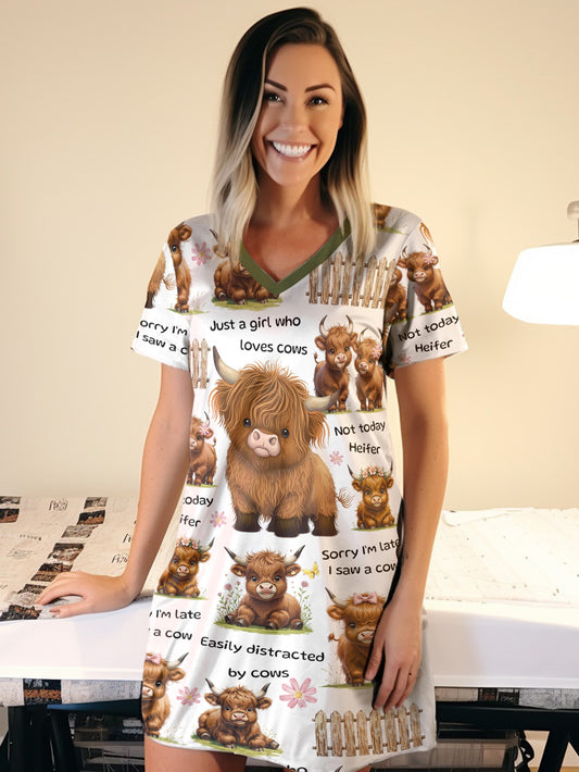 Highland Cow V-neck Nightshirt Mocha Moo