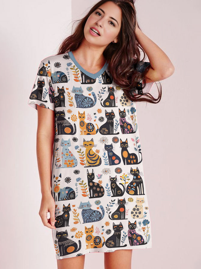 Cat Lover V-neck Nightshirt Abstract Whiskers