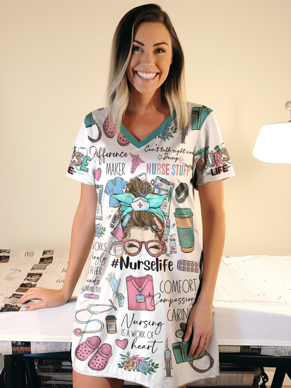 Nurse V-neck Nightshirt Personalized Nurse Life