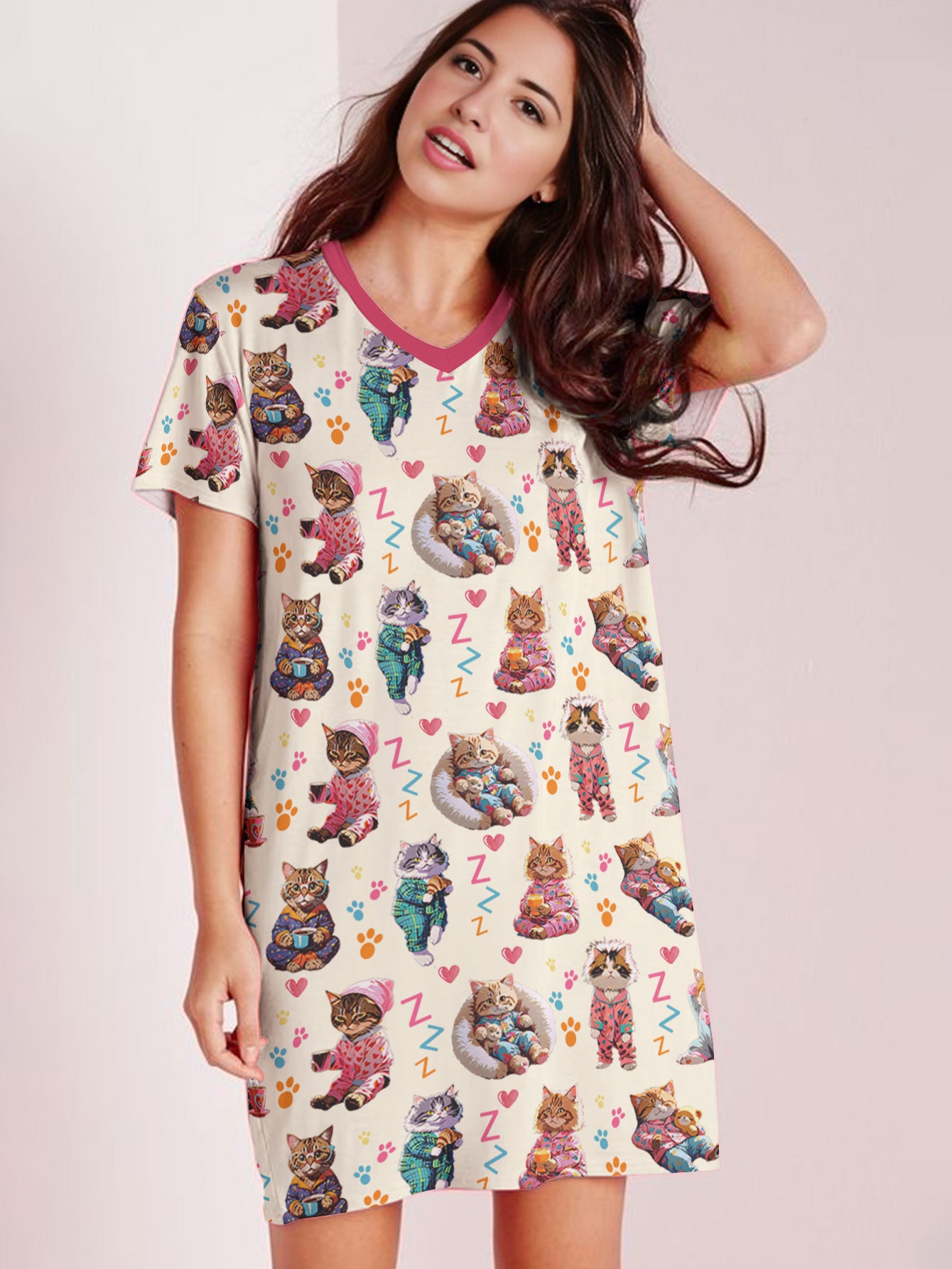 Cat Lover V-neck Nightshirt Pajama Purrs