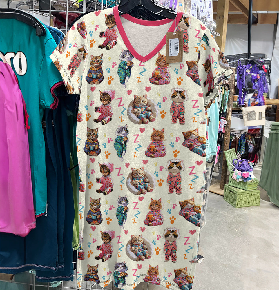 Cat Lover V-neck Nightshirt Pajama Purrs
