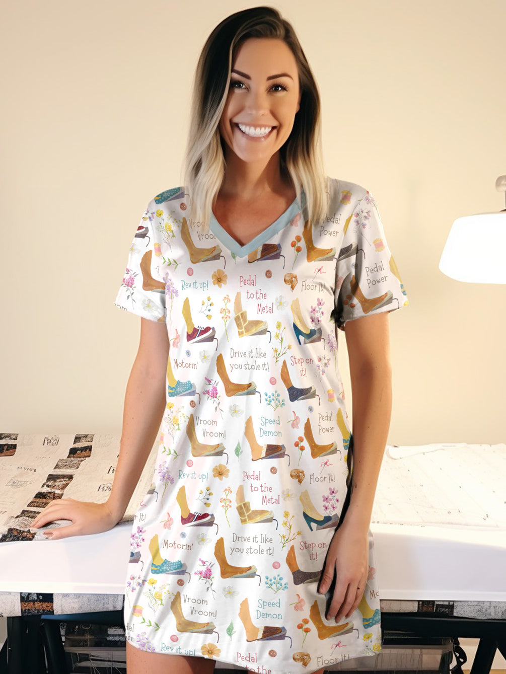 Sewing Lover V-neck Nightshirt Pedal Power