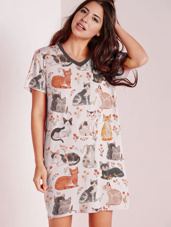 Cat Lover V-neck Nightshirt Petal Paws