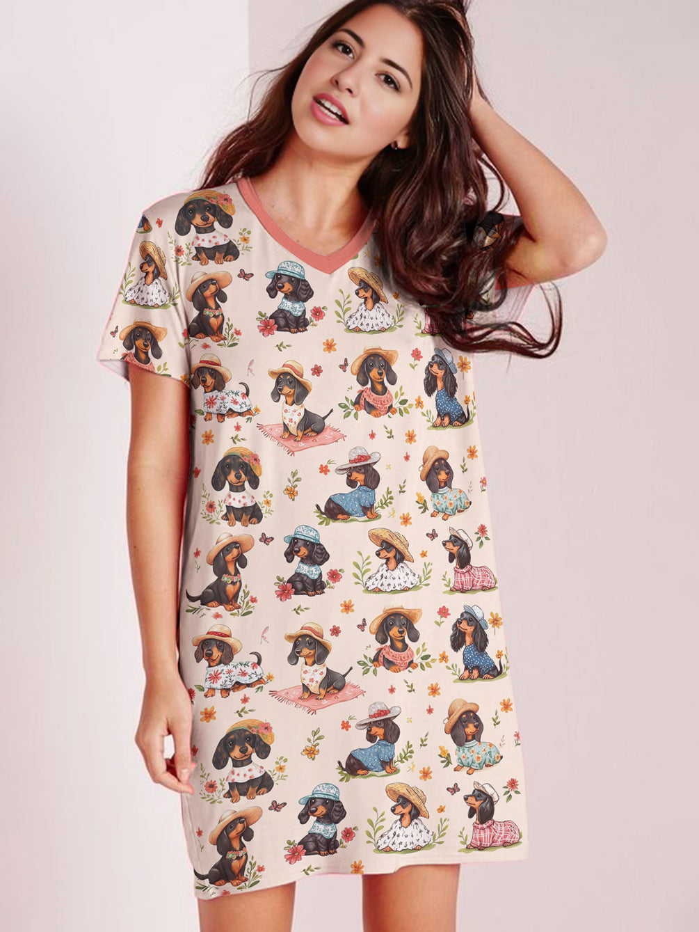 Dachshund V-neck Nightshirt Picnic Doxies