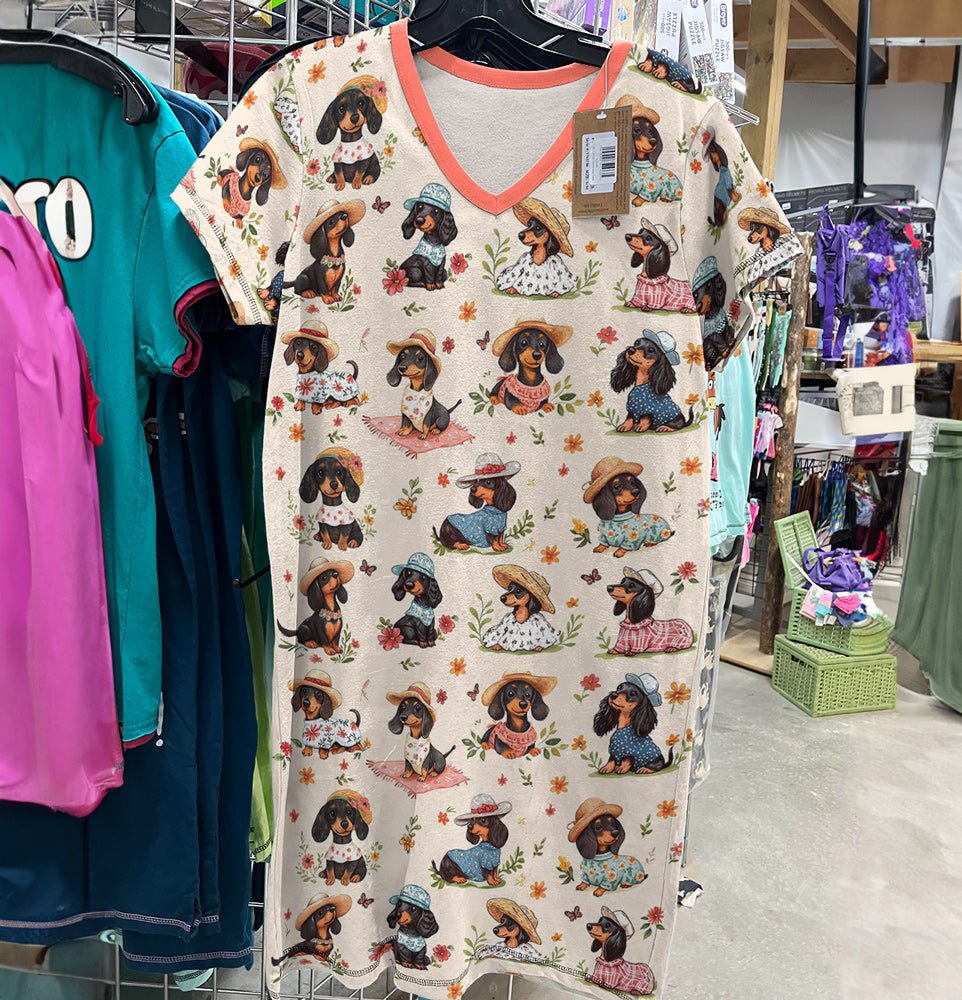 Dachshund V-neck Nightshirt Picnic Doxies