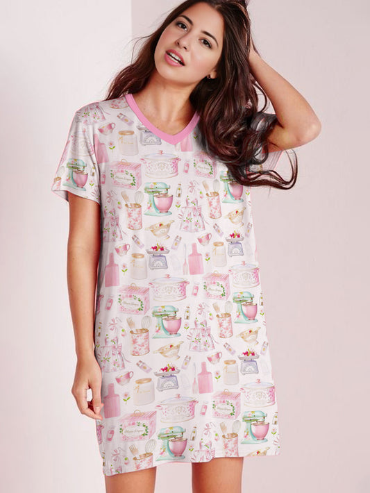 Baking V-neck Nightshirt Pink Pastry Paradise