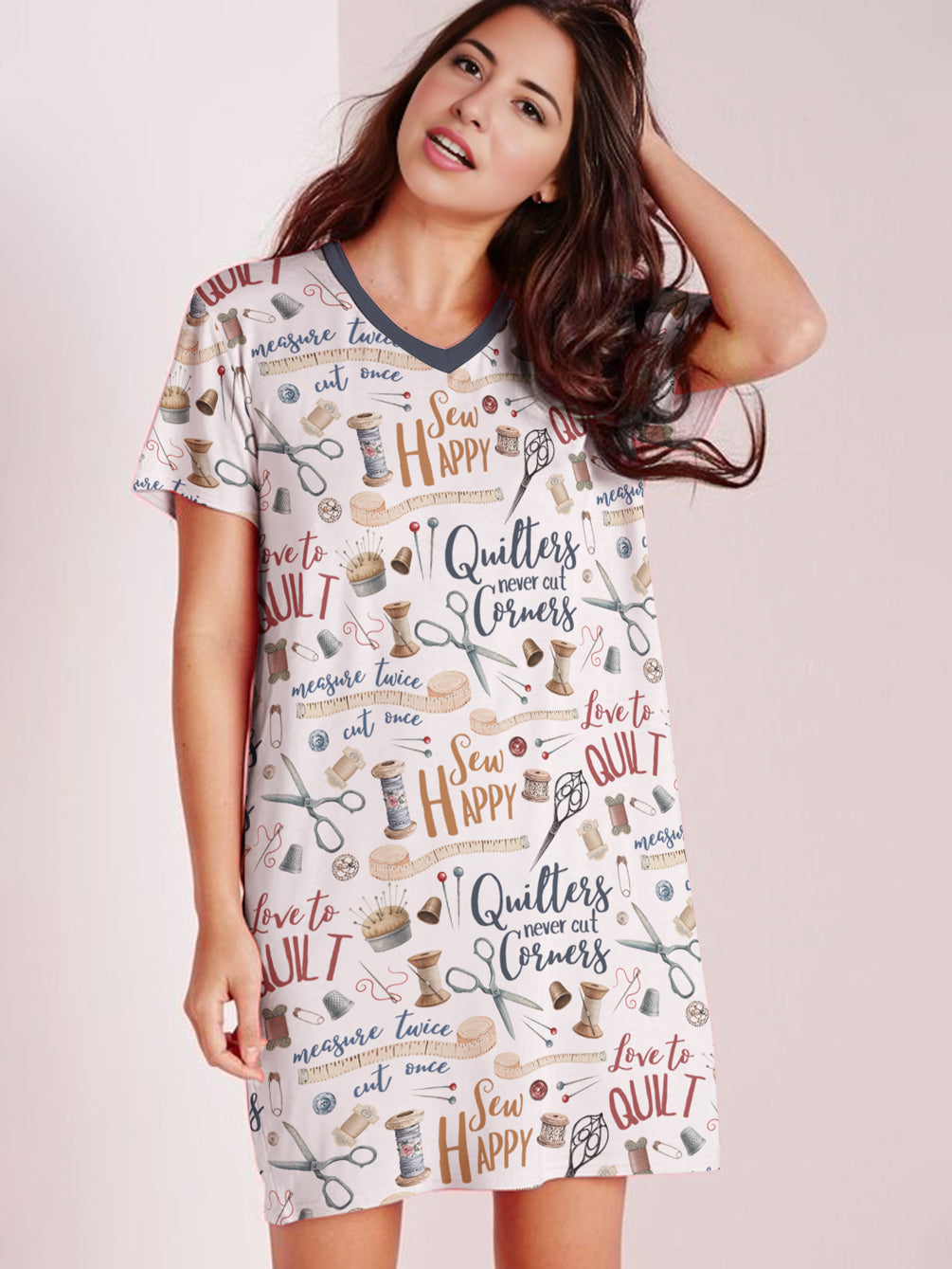 Sewing Lover V-neck Nightshirt Quilters Never Cut Corners