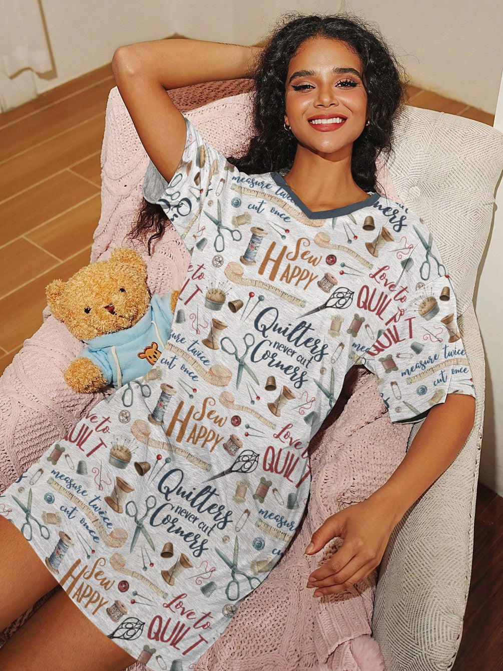 Sewing Lover V-neck Nightshirt Quilters Never Cut Corners
