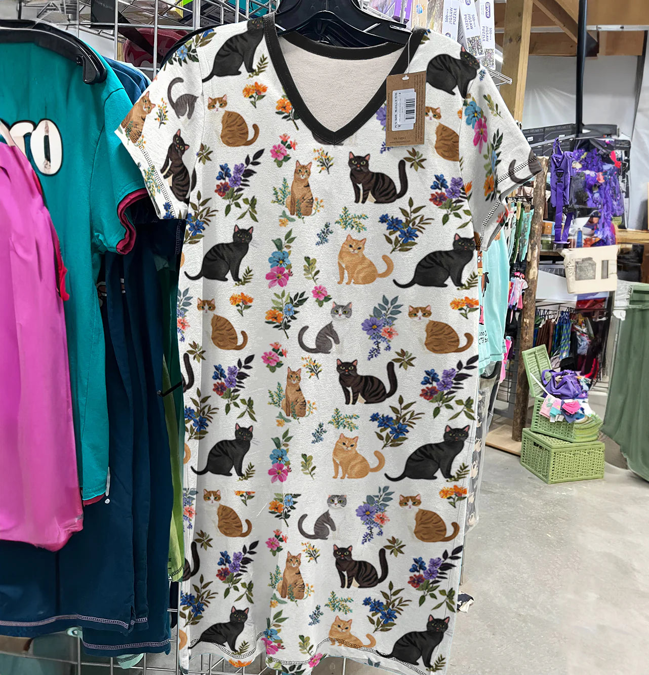 Lorva V-neck Nightshirt Cute Floral Cats