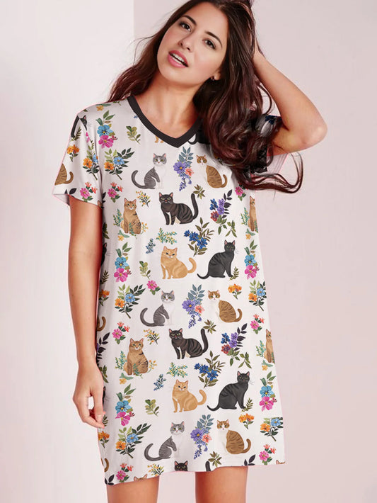 Lorva V-neck Nightshirt Cute Floral Cats