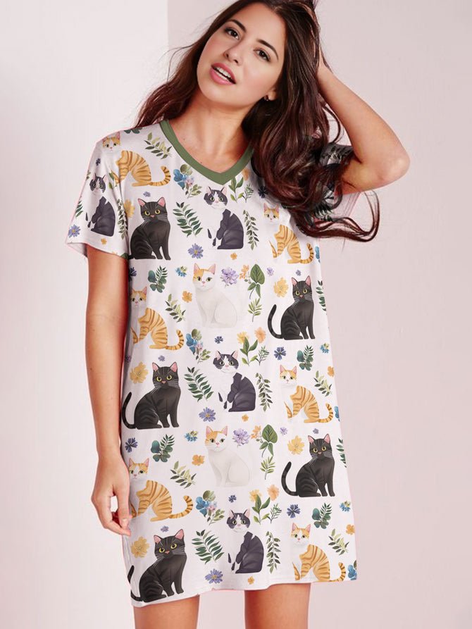 Cat Lover V-neck Nightshirt Serene Kittens