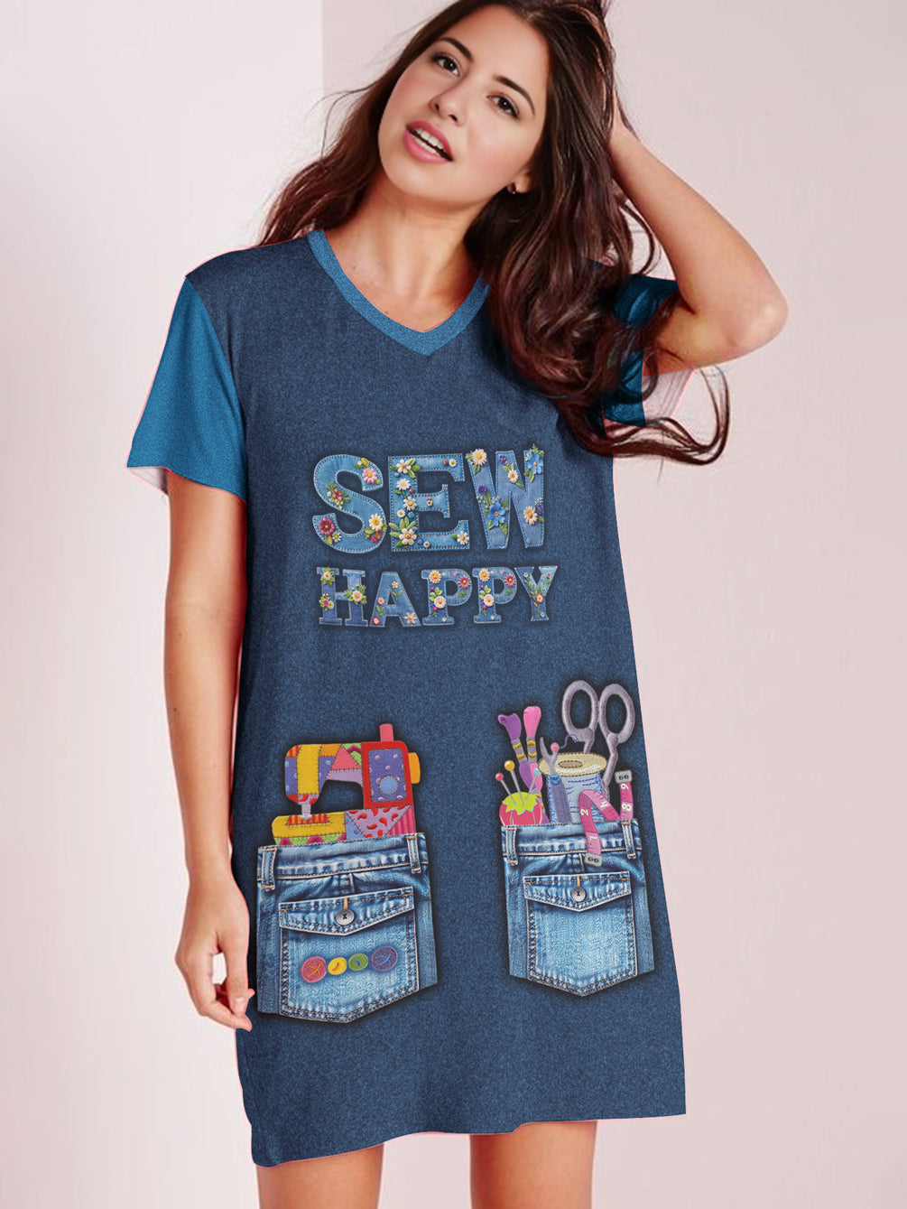 Sewing Lover V-neck Nightshirt Sew Happy