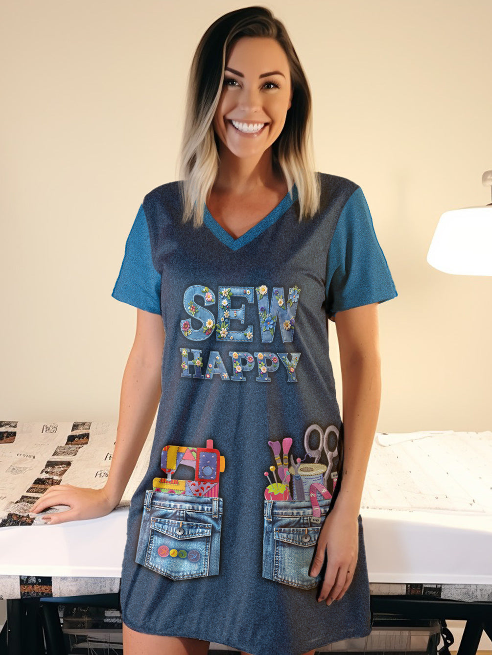 Sewing Lover V-neck Nightshirt Sew Happy