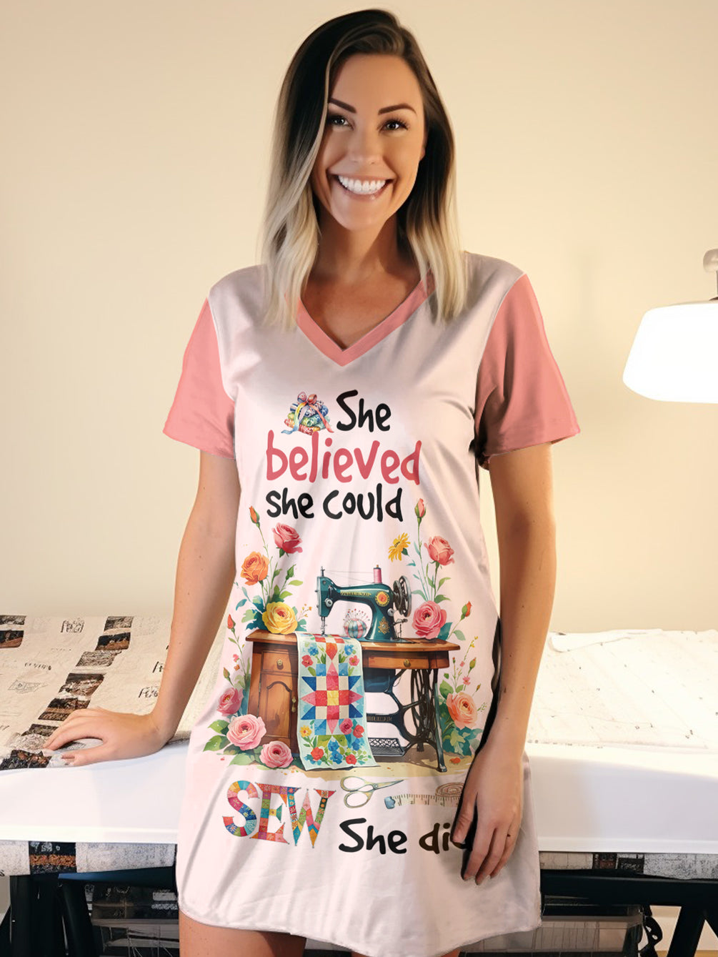 Sewing Lover V-neck Nightshirt She Believed She Could Sew She Did